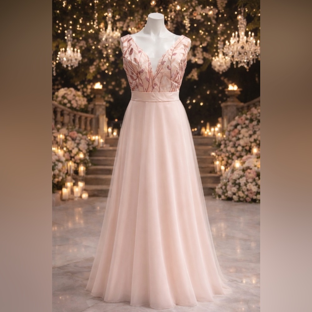 NWT Blush Pink Tulle Lace Gown XL Formal Wedding Guest Evening Dress